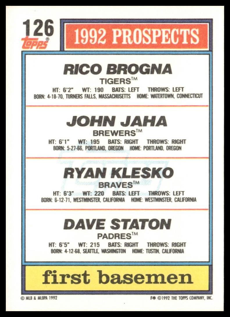 1992 Topps #126 1992 Top Prospects 1st Basemen