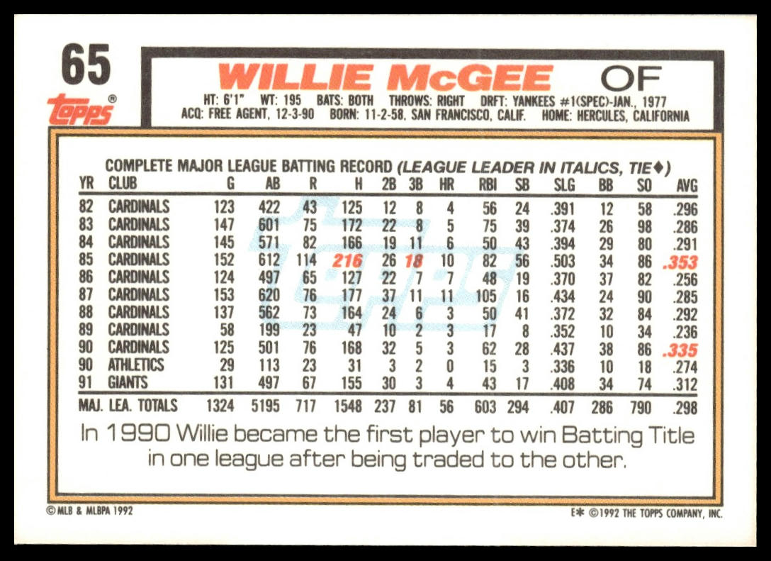 1992 Topps #65 Willie McGee