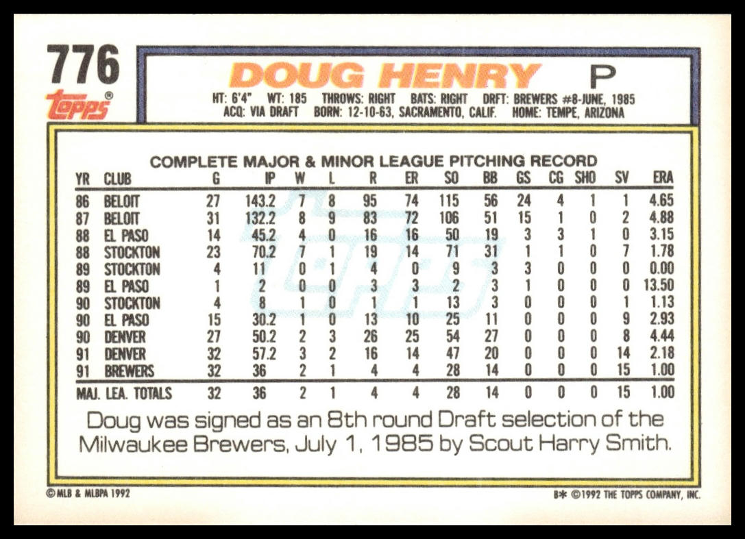 1992 Topps #776 Doug Henry