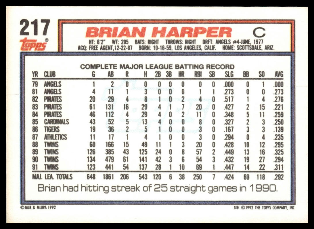 1992 Topps #217 Brian Harper