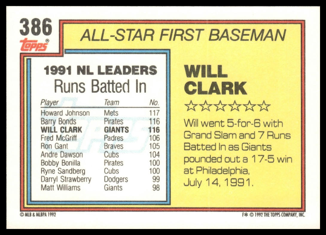 1992 Topps #386 Will Clark