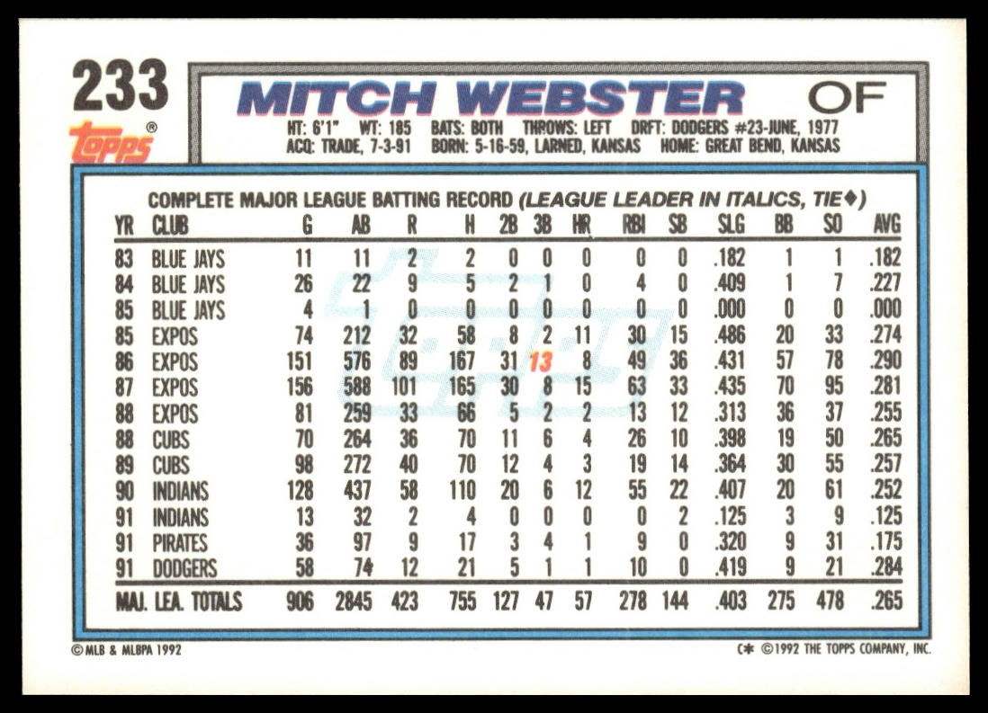 1992 Topps #233 Mitch Webster