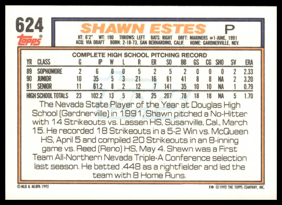 1992 Topps #624 Shawn Estes