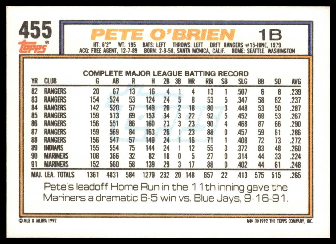 1992 Topps #455 Pete O'Brien