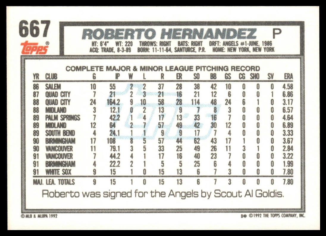 1992 Topps #667 Roberto Hernandez
