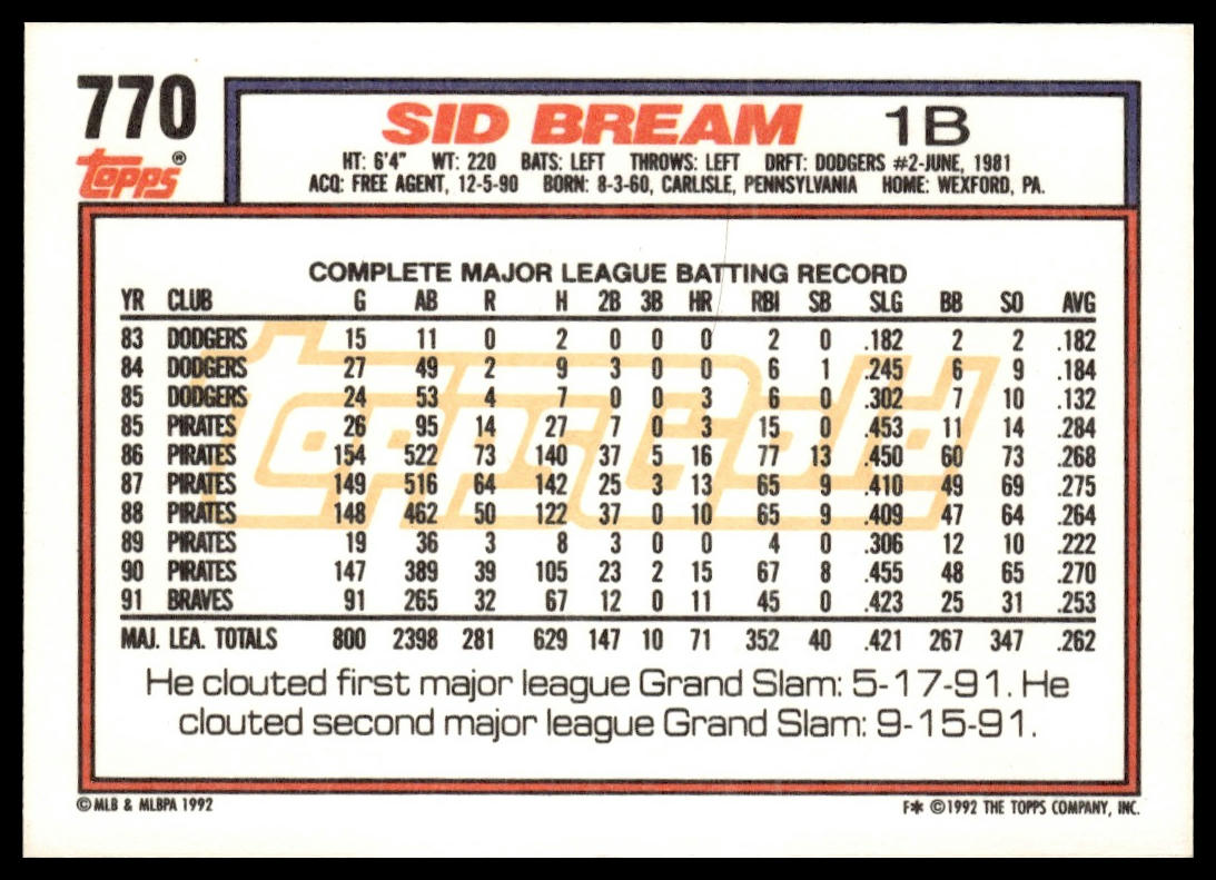 1992 Topps #770 Sid Bream