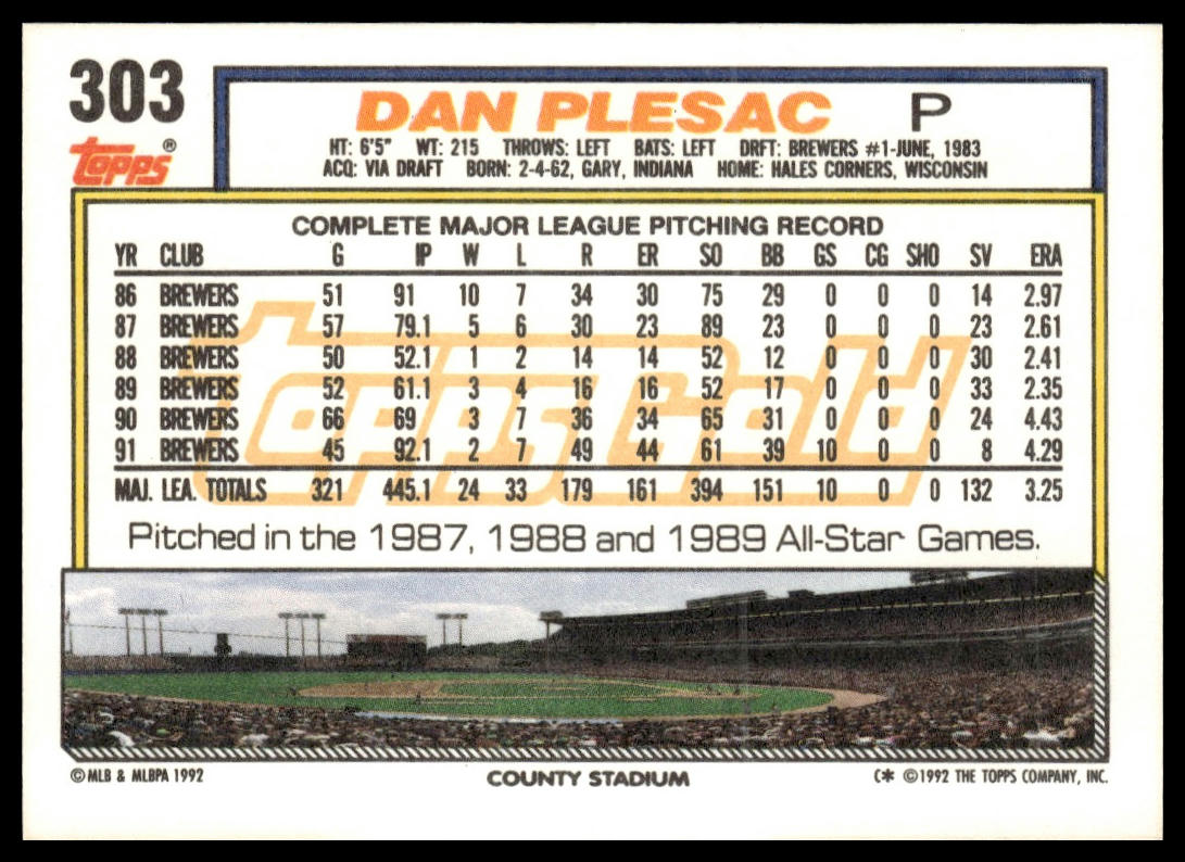 1992 Topps #303b Dan Plesac print code C*