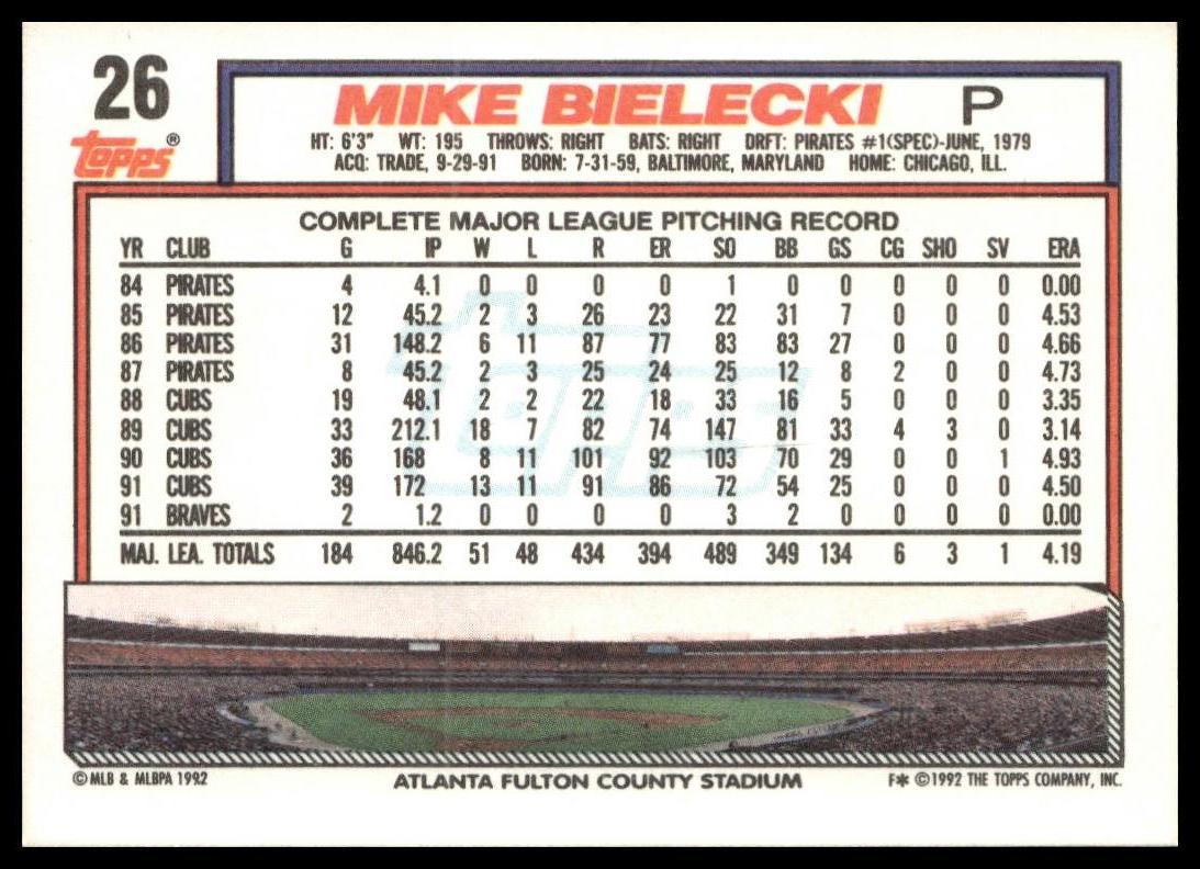 1992 Topps #26 Mike Bielecki print code C*
