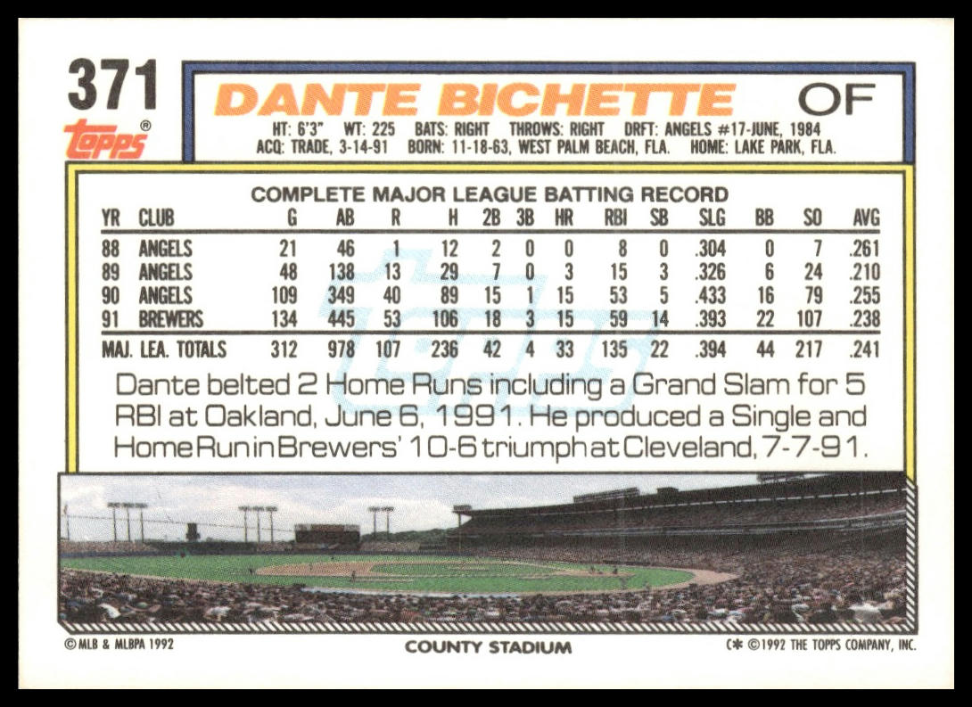 1992 Topps #371 Dante Bichette