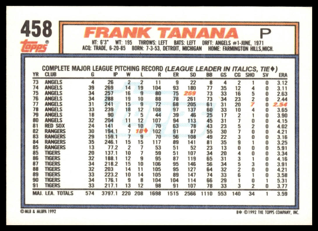 1992 Topps #458 Frank Tanana