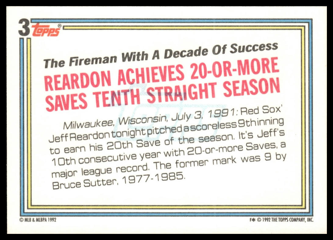 1992 Topps #3 Jeff Reardon Small Topps Gold logo on back
