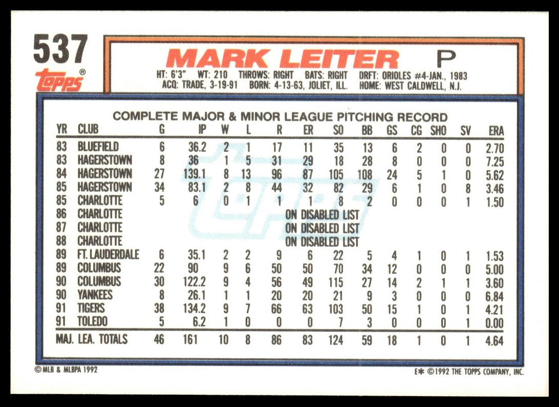 1992 Topps #537 Mark Leiter