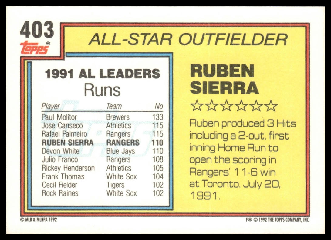 1992 Topps #403 Ruben Sierra