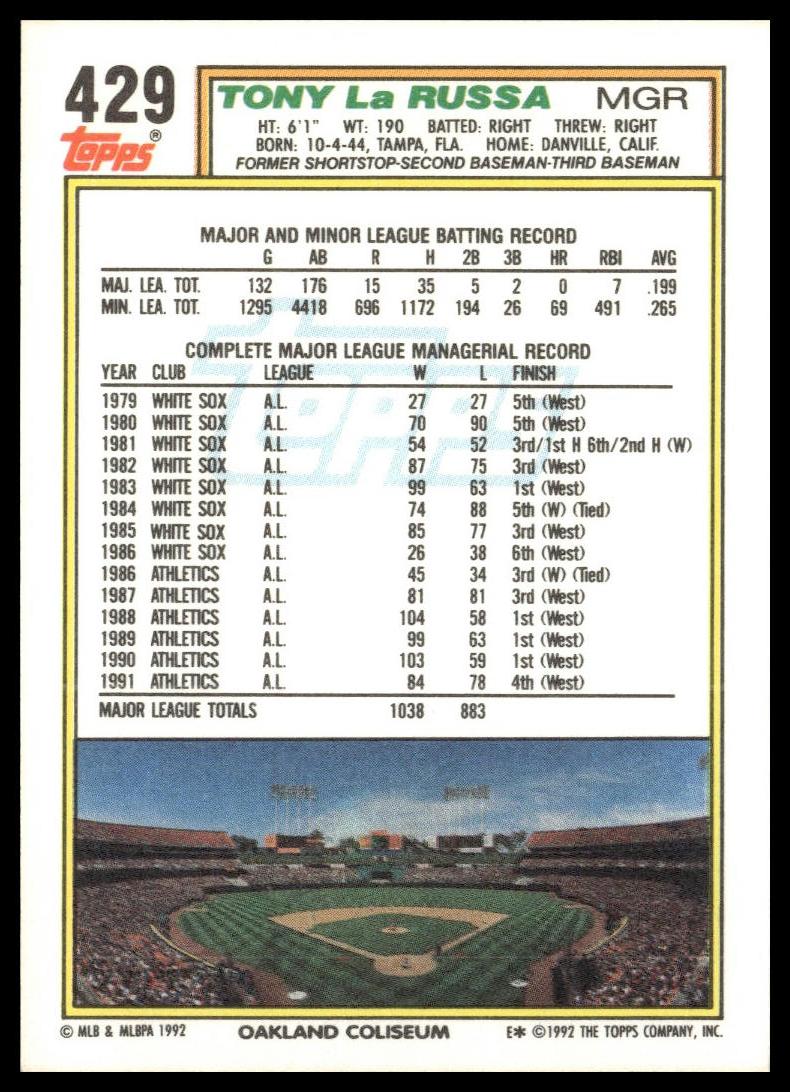 1992 Topps #429 Tony La Russa