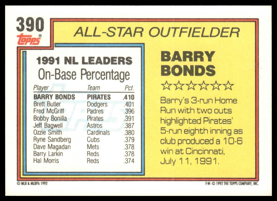1992 Topps #390 Barry Bonds
