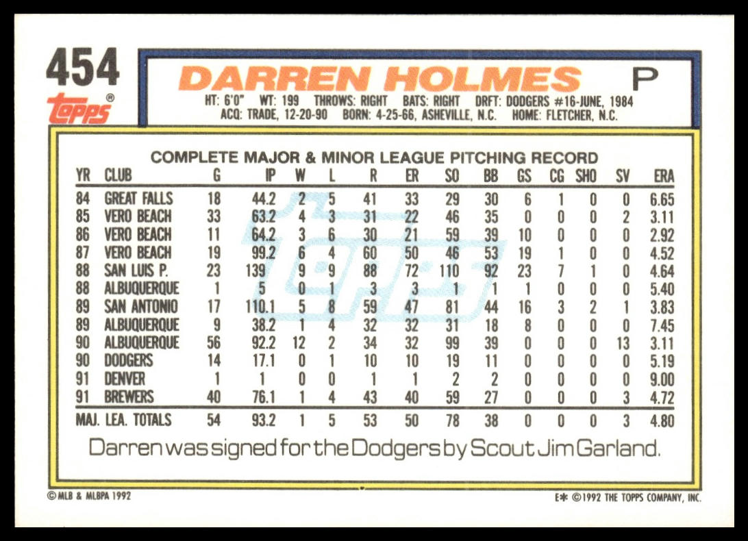 1992 Topps #454 Darren Holmes