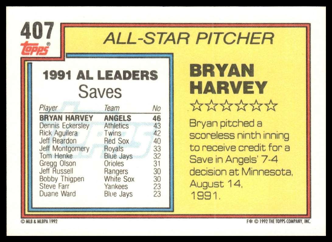 1992 Topps #407 Bryan Harvey