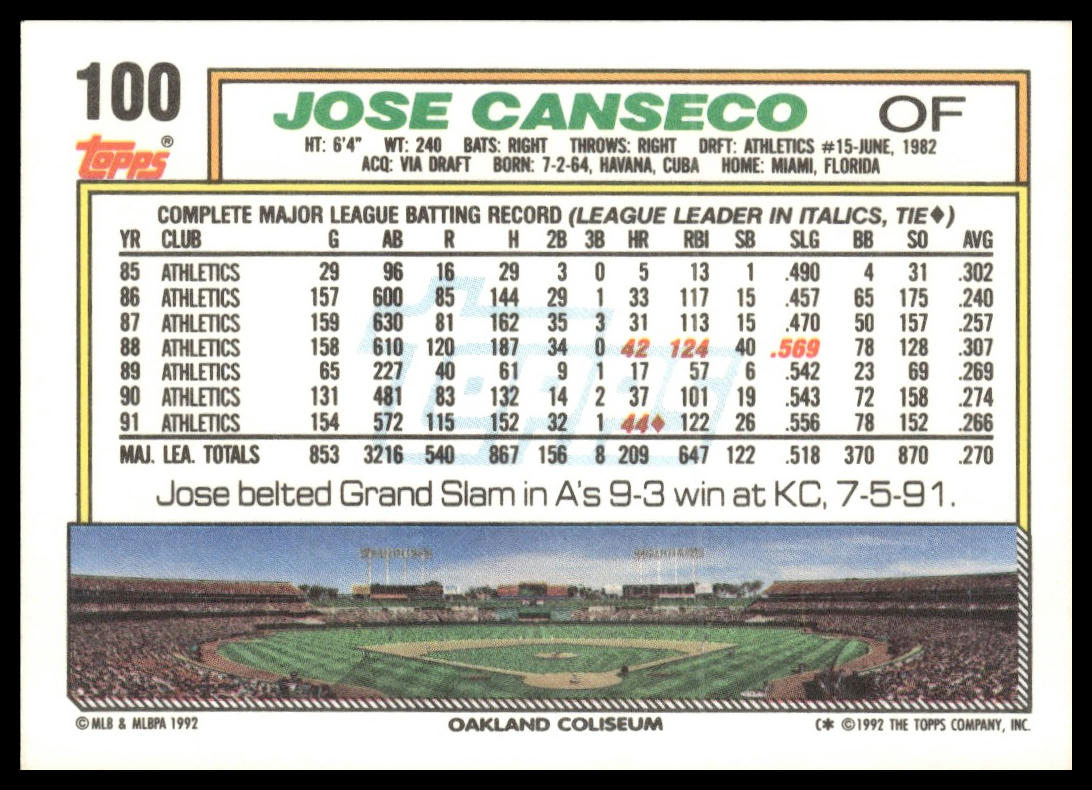 1992 Topps #100 Jose Canseco