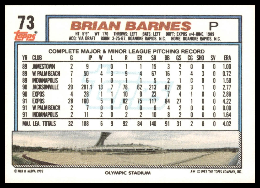 1992 Topps #73 Brian Barnes