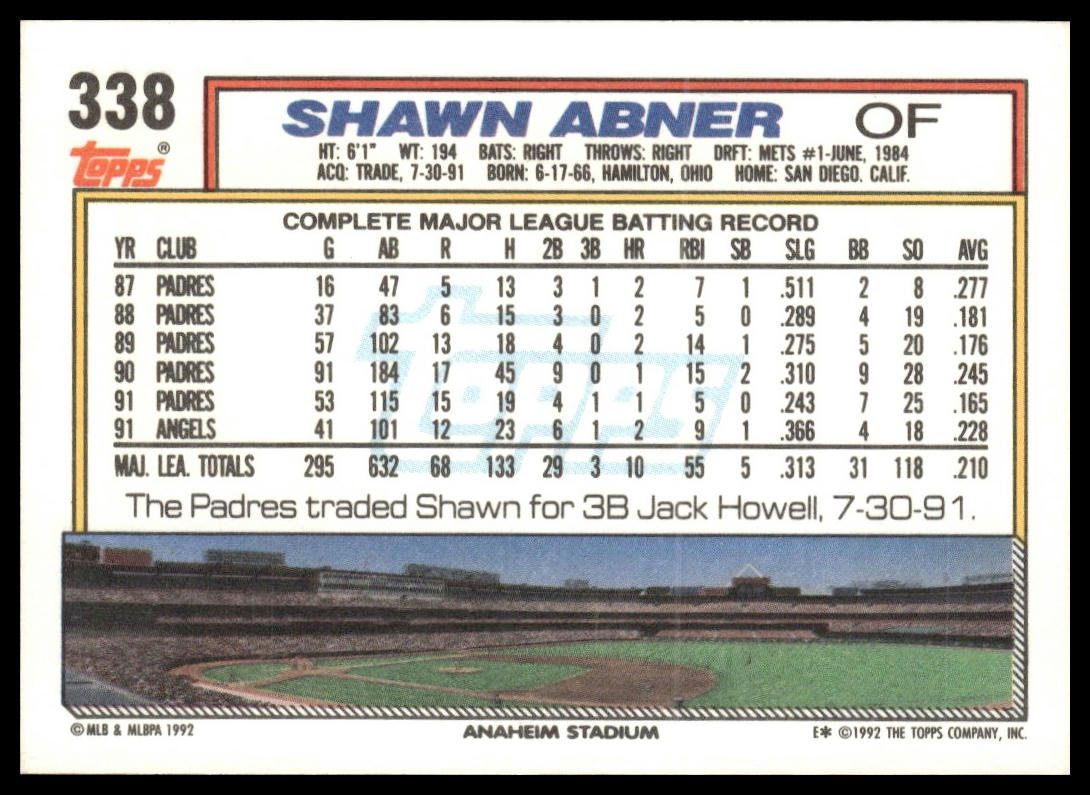 1992 Topps #338 Shawn Abner