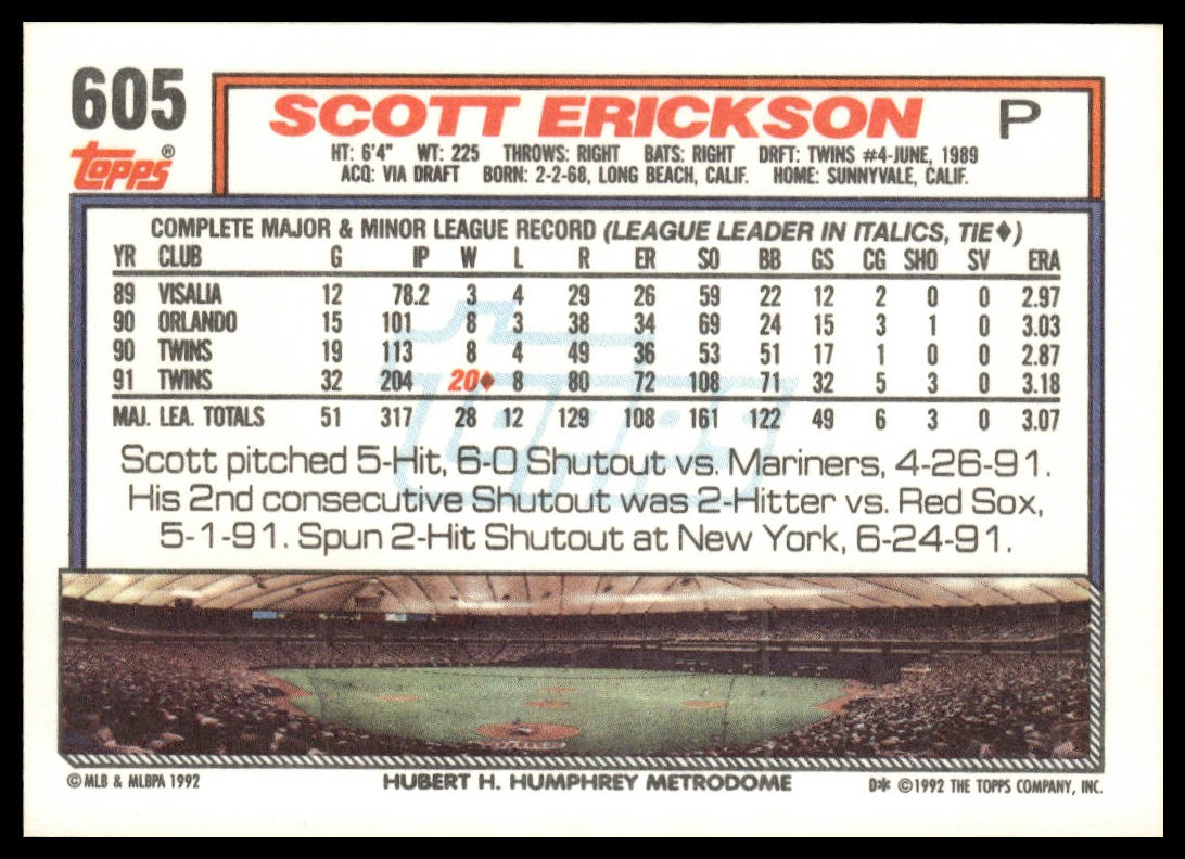 1992 Topps #605 Scott Erickson