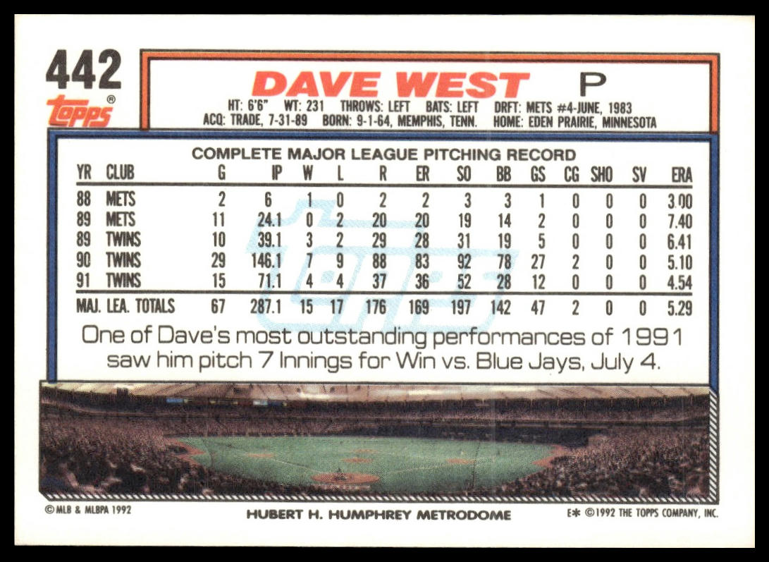 1992 Topps #442 Dave West