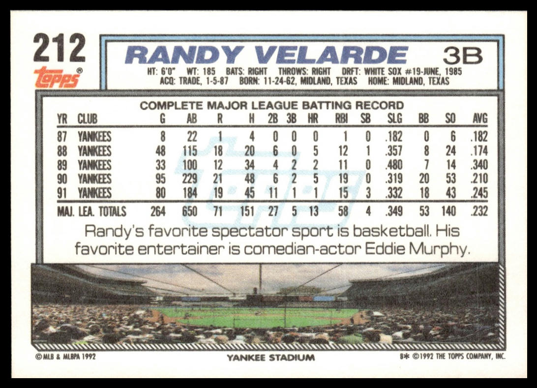 1992 Topps #212 Randy Velarde