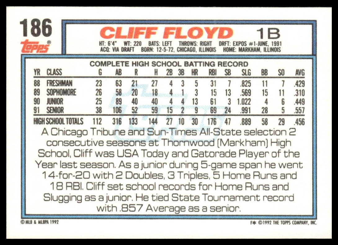 1992 Topps #186 Cliff Floyd
