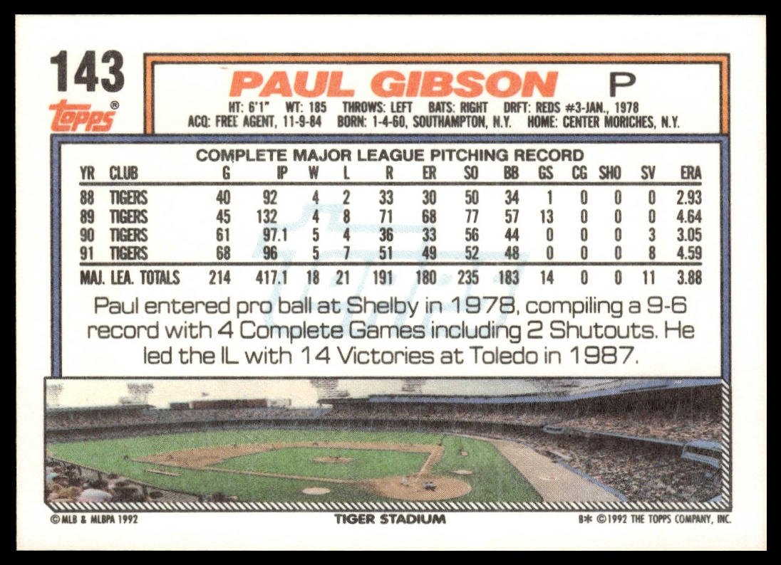 1992 Topps #143 Paul Gibson
