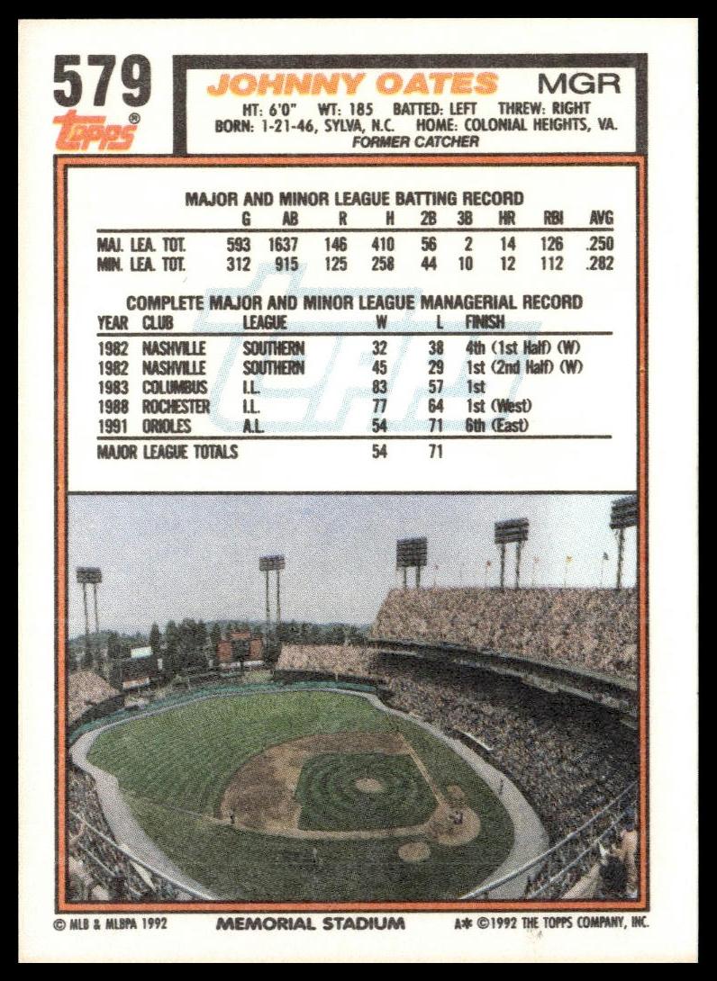 1992 Topps #579 Johnny Oates