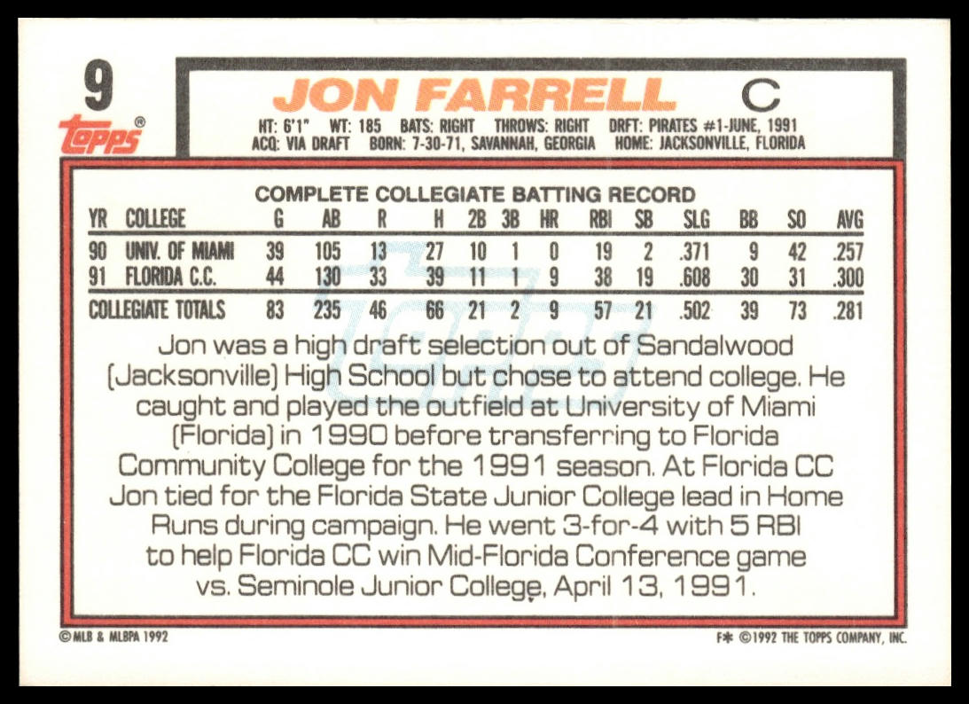 1992 Topps #9 Jon Farrell