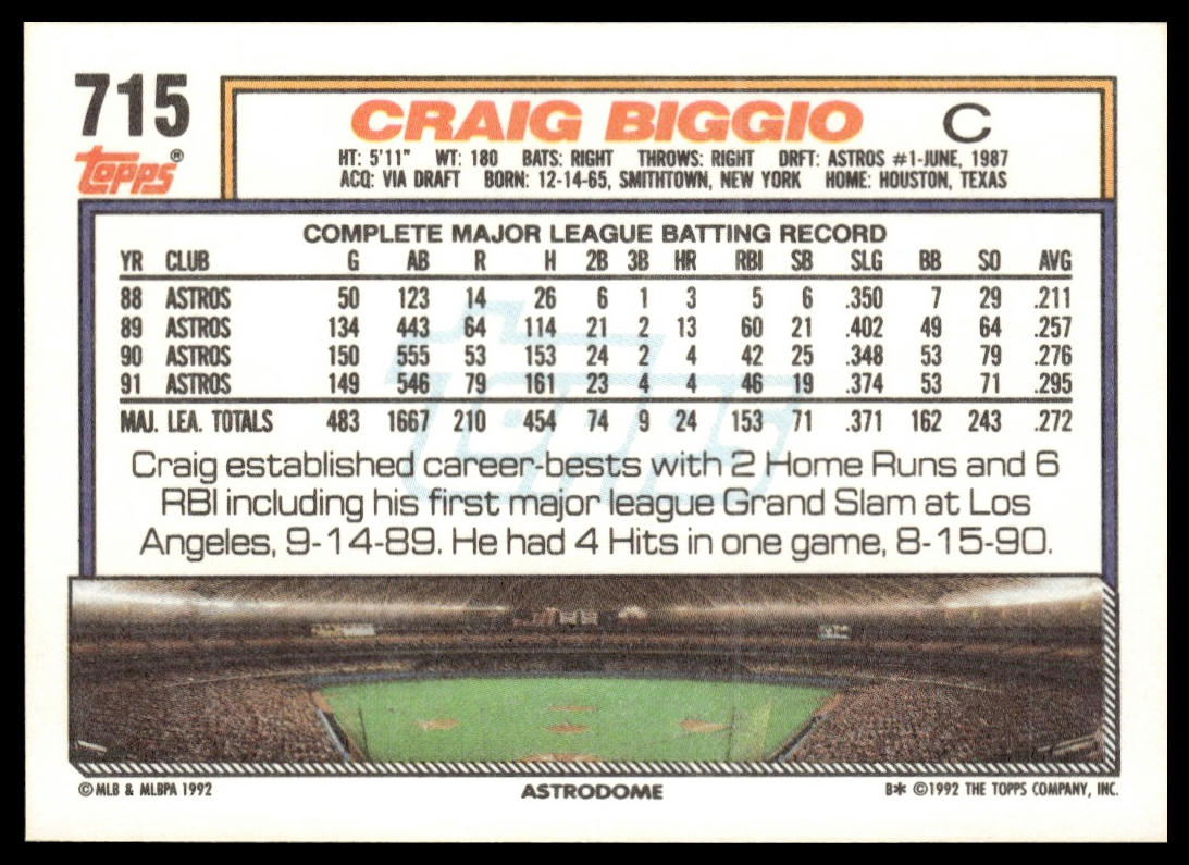 1992 Topps #715 Craig Biggio