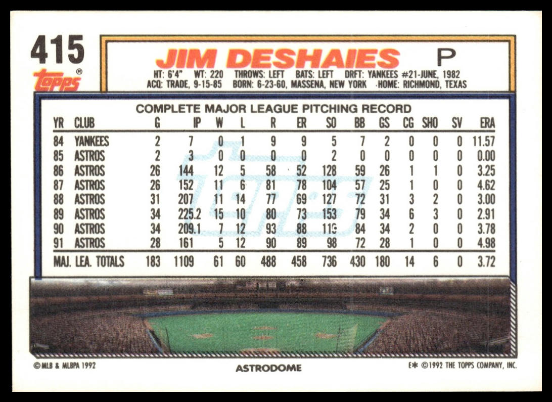 1992 Topps #415 Jim Deshaies