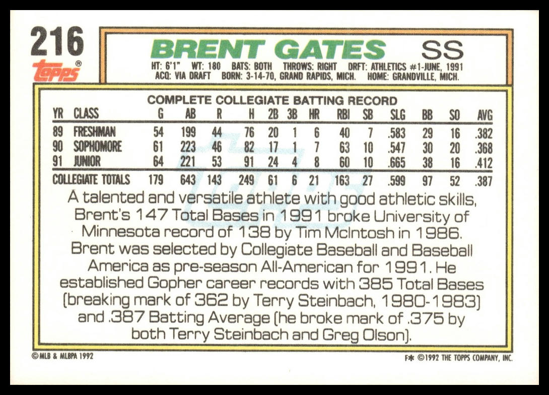 1992 Topps #216 Brent Gates