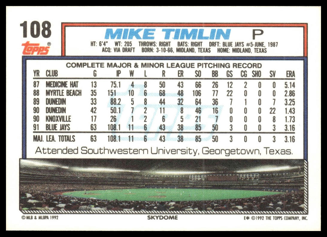 1992 Topps #108 Mike Timlin