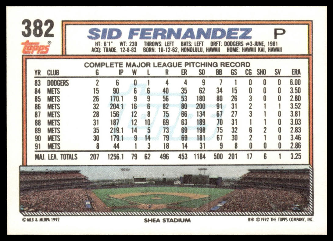 1992 Topps #382 Sid Fernandez