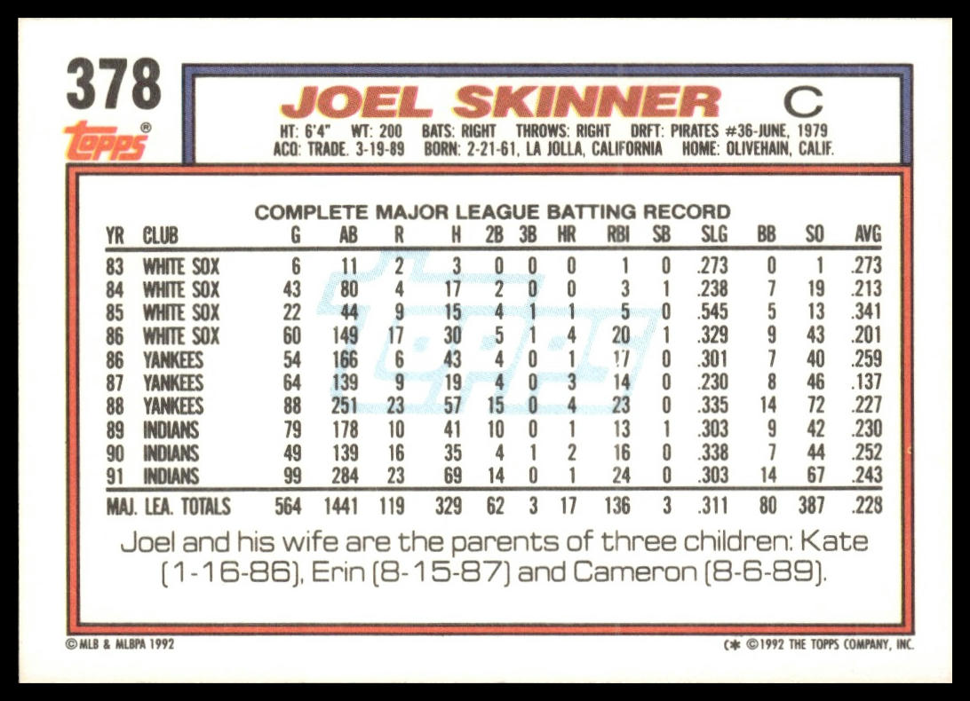 1992 Topps #378 Joel Skinner