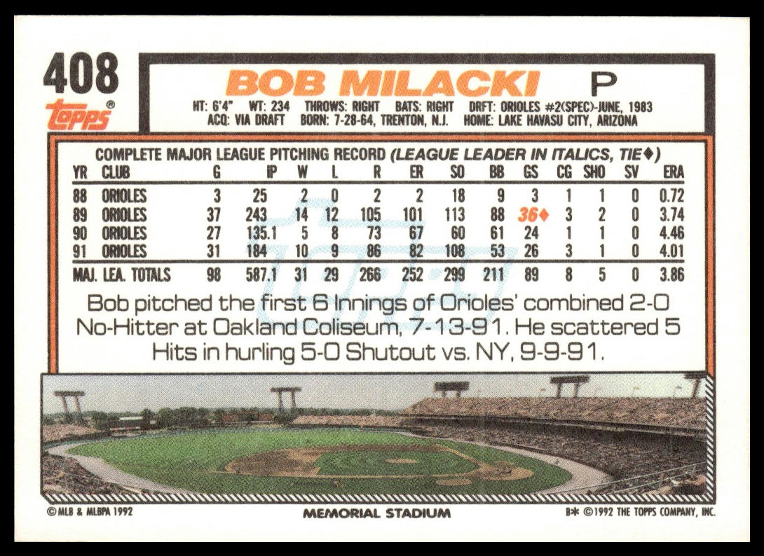 1992 Topps #408 Bob Milacki