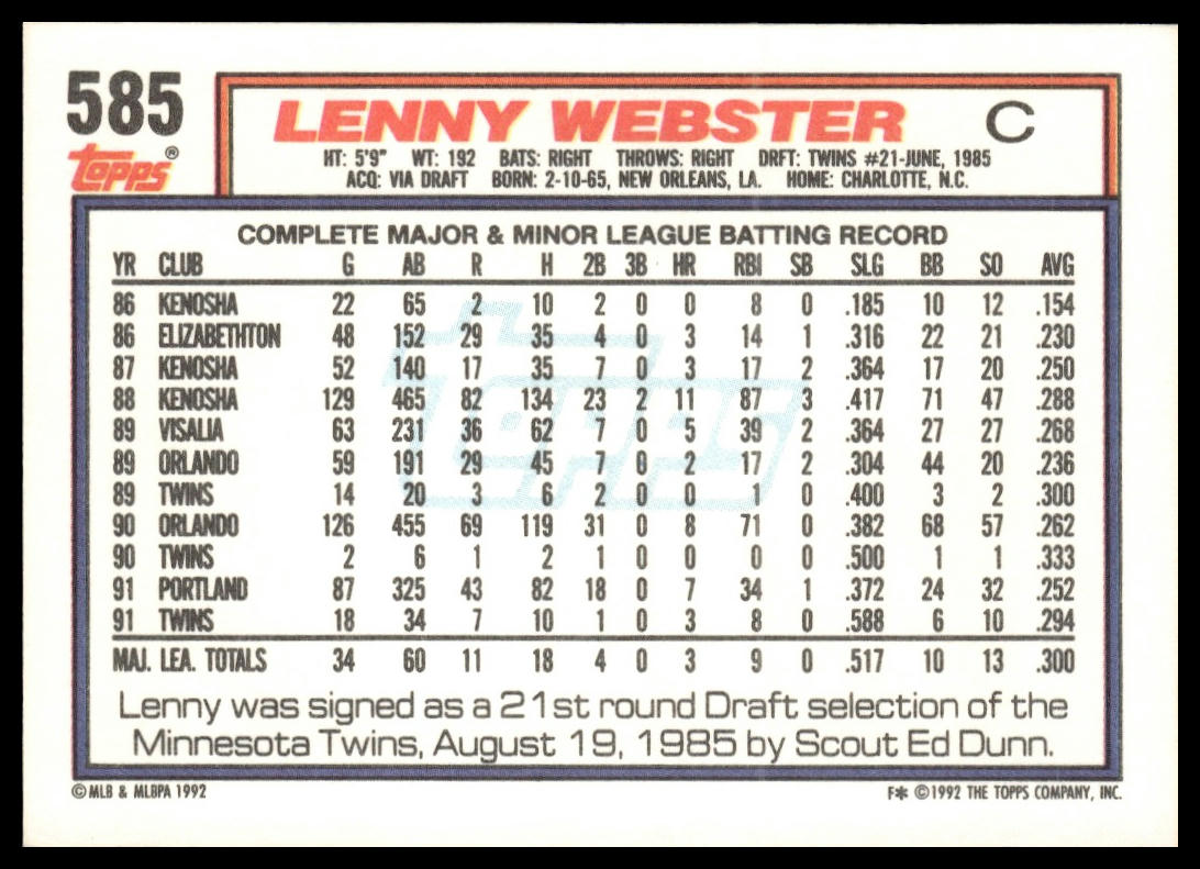 1992 Topps #585b Lenny Webster print code F*