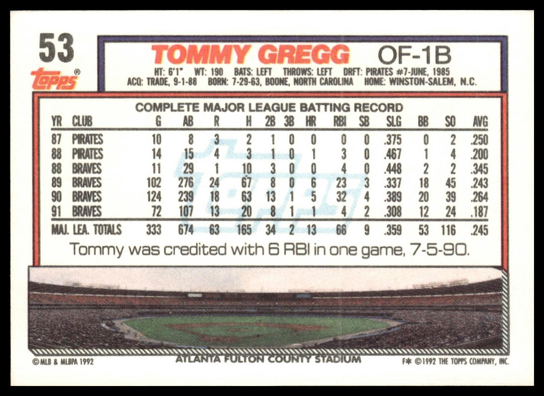 1992 Topps #53 Tommy Gregg