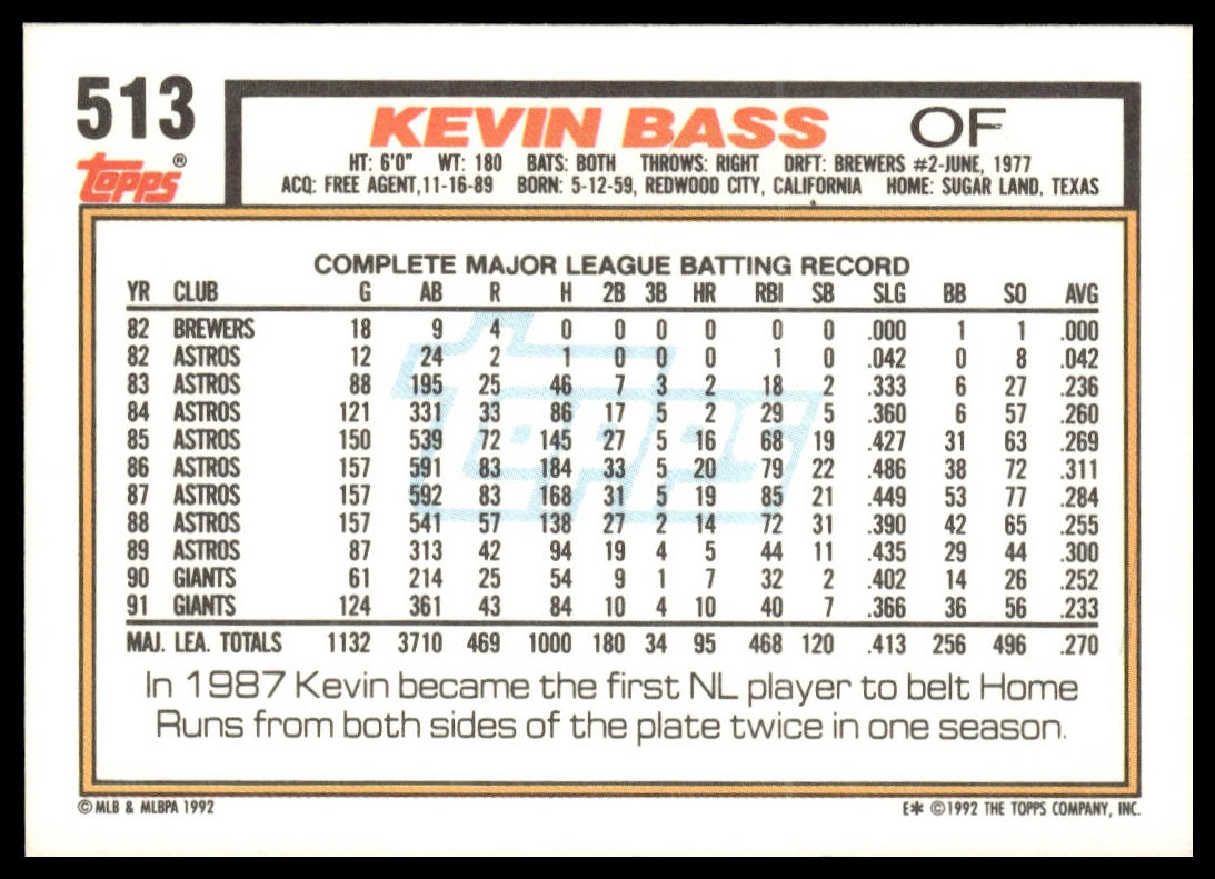 1992 Topps #513 Kevin Bass