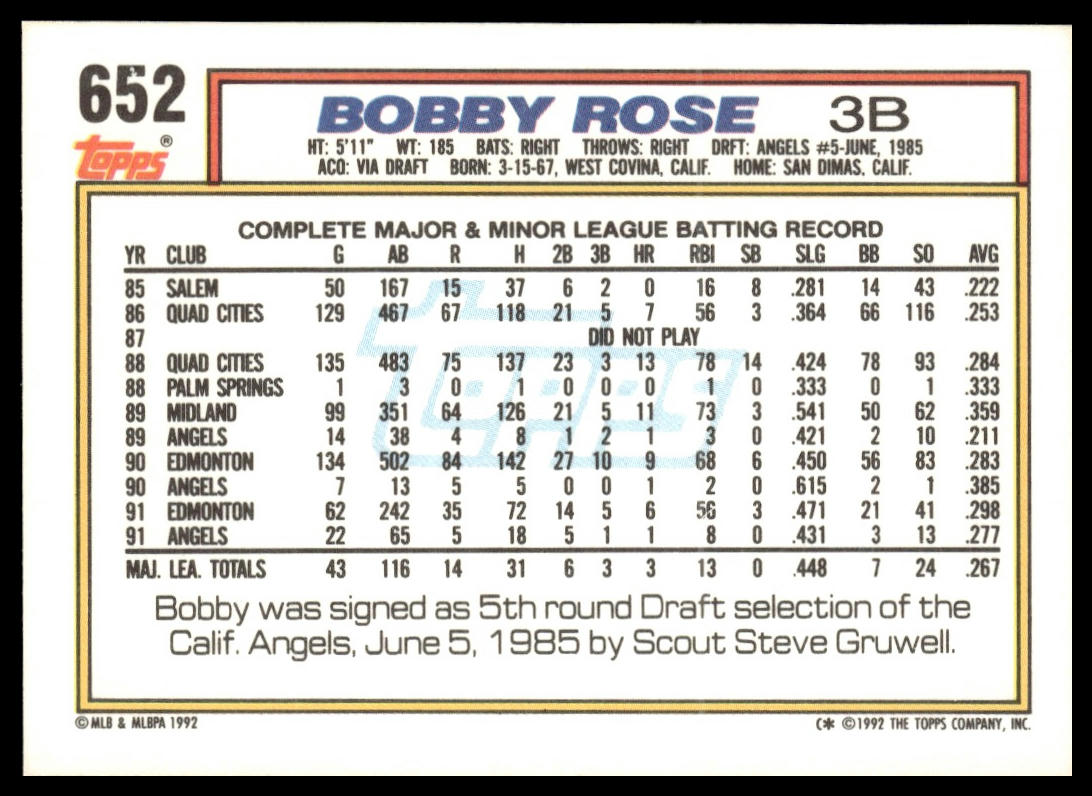 1992 Topps #652 Bobby Rose