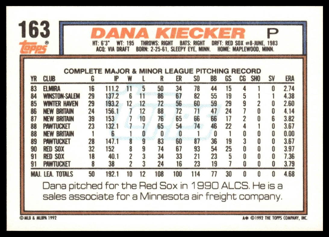 1992 Topps #163 Dana Kiecker