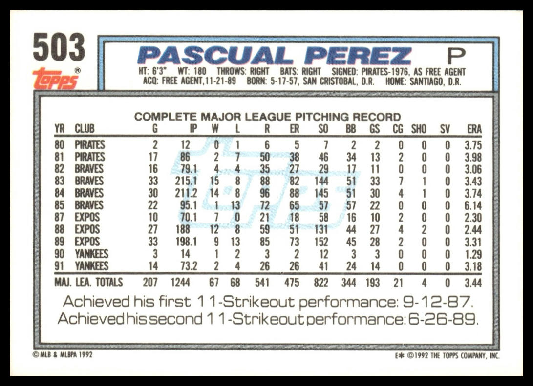 1992 Topps #503 Pascual Perez