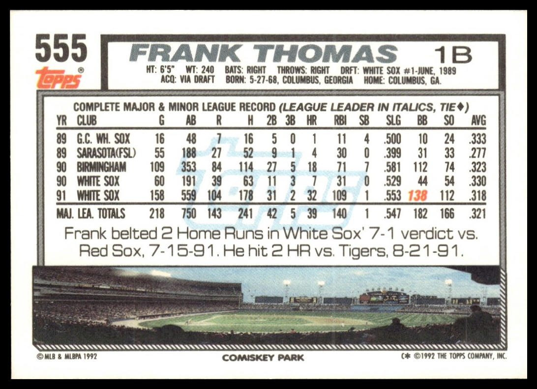 1992 Topps #555b Frank Thomas print code C*