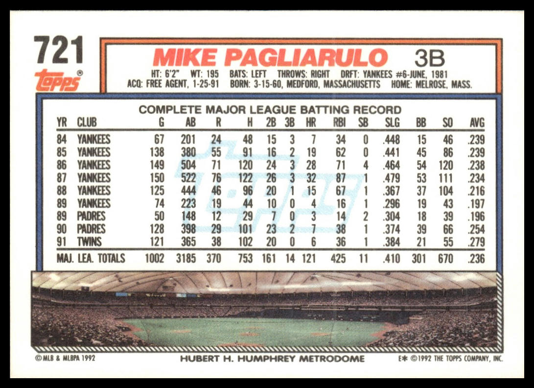 1992 Topps #721 Mike Pagliarulo