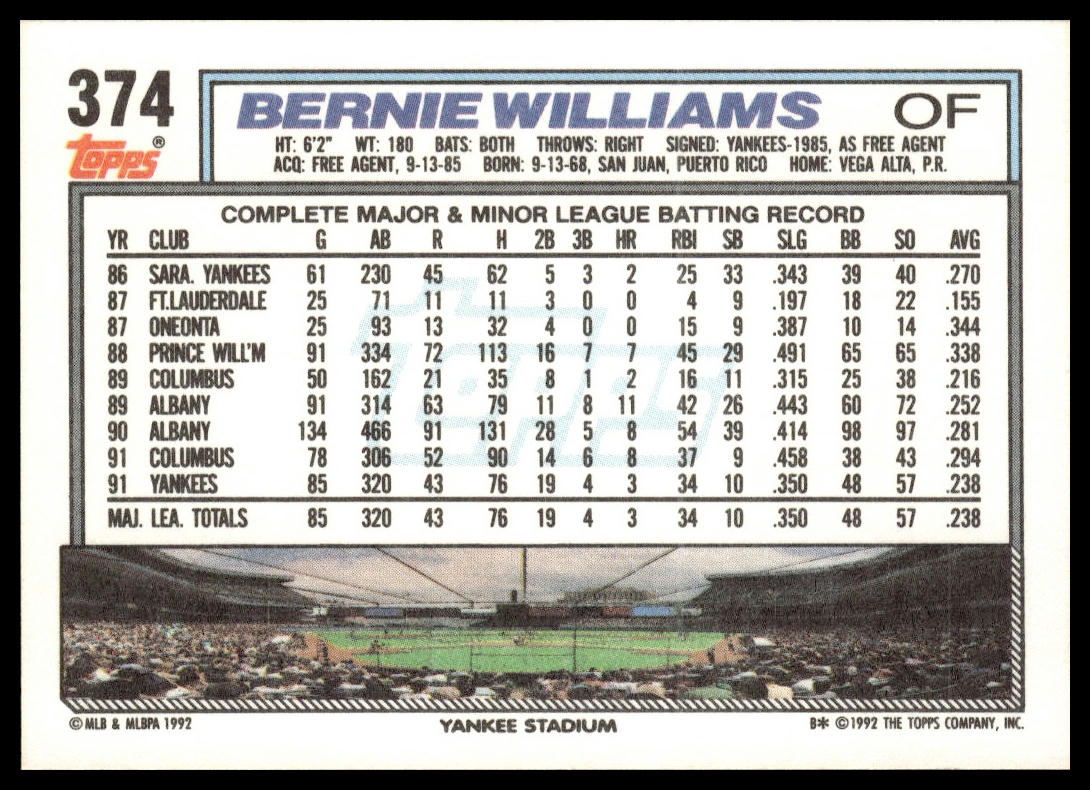 1992 Topps #374 Bernie Williams