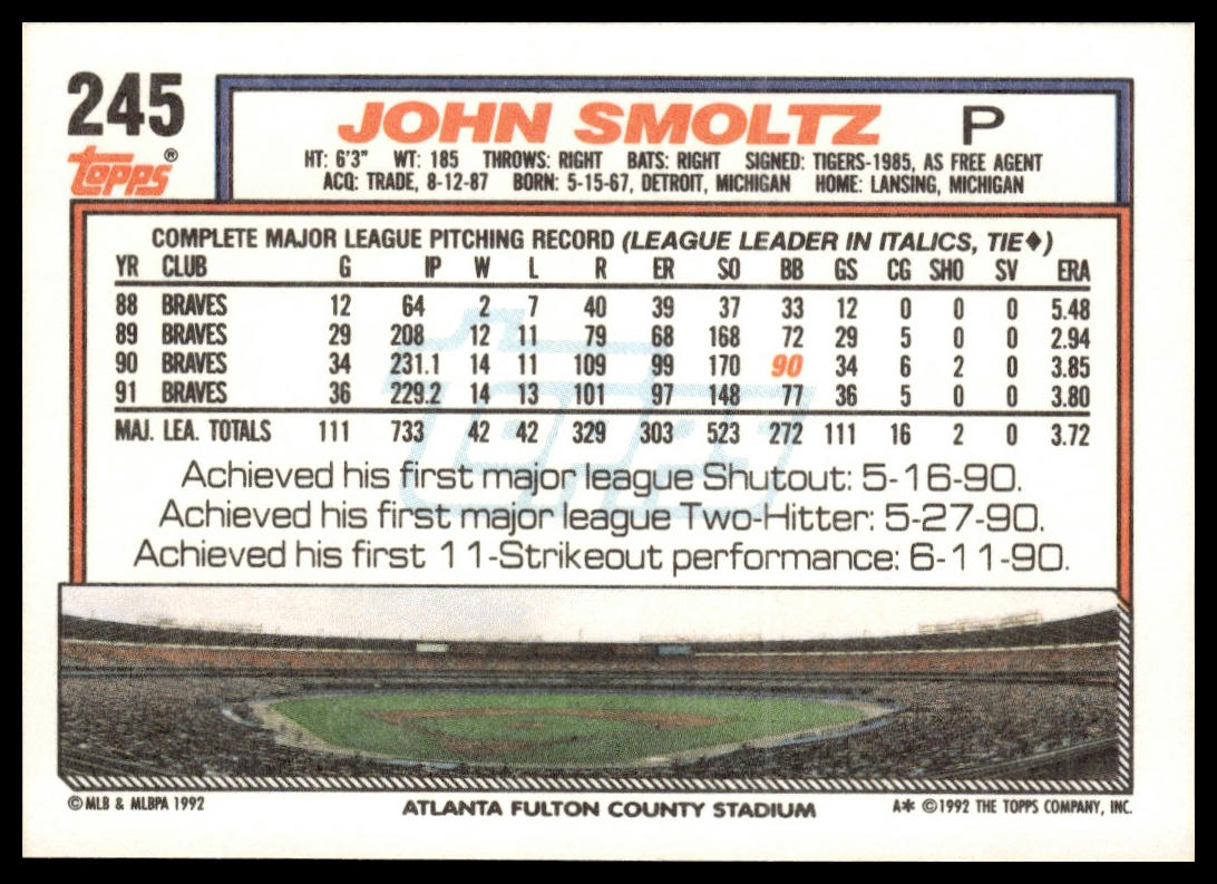 1992 Topps #245 John Smoltz