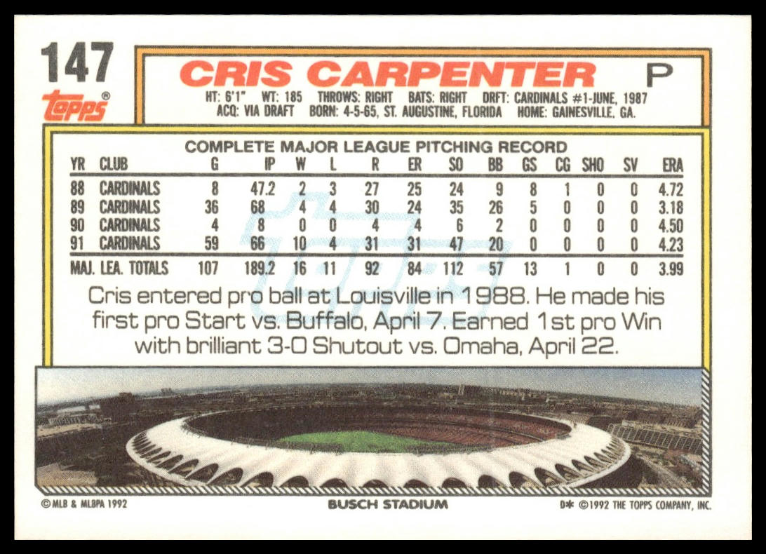 1992 Topps #147 Cris Carpenter