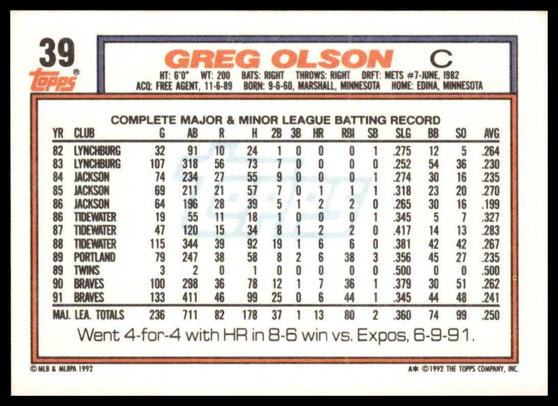 1992 Topps #39 Greg Olson
